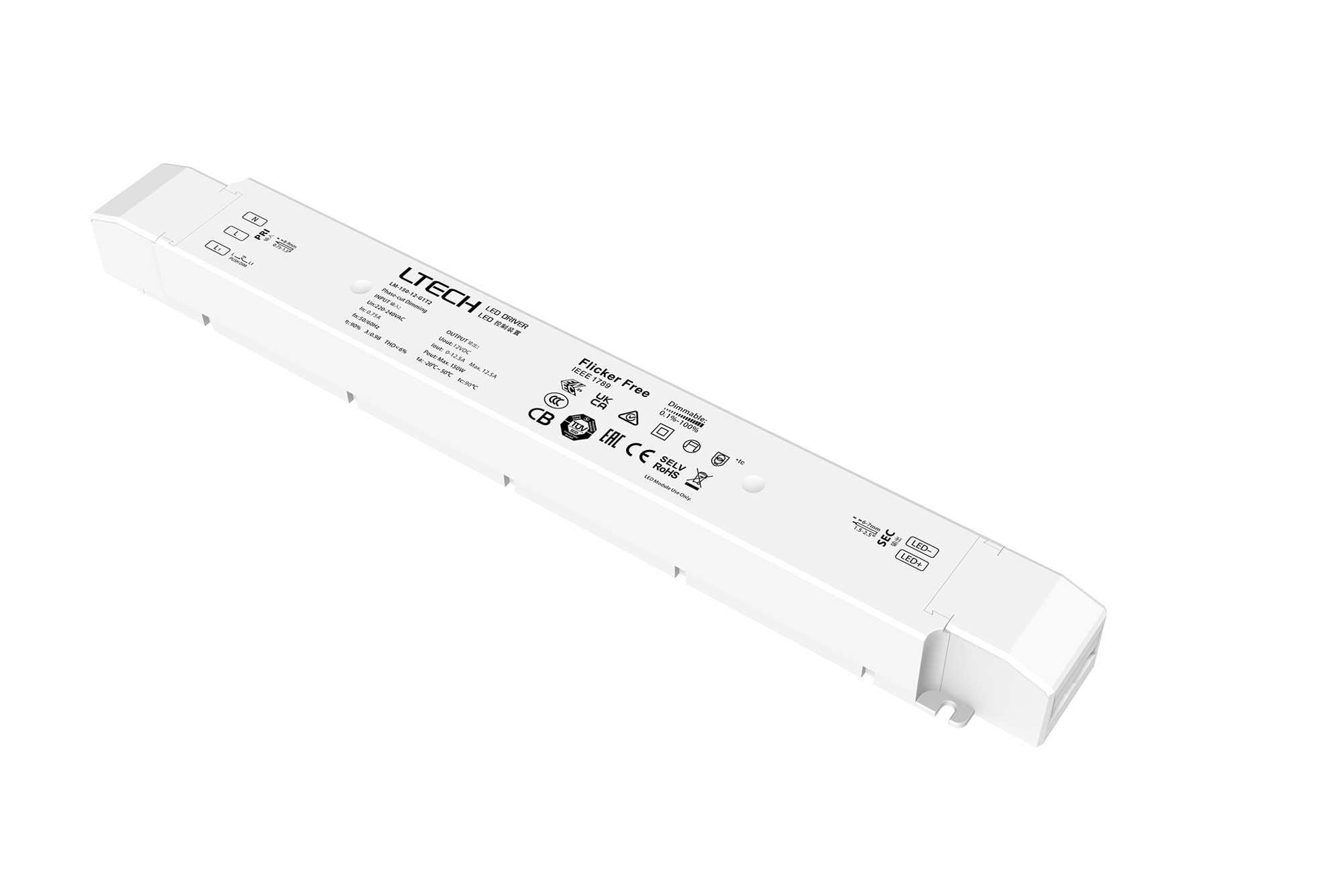 LM-150-12-G1T2  Leading edge (Triac), Trailing edge (ELV) Phase-cut and Push DIM/CCT, 0-100% Dim, Constant Voltage 150W, 12Vdc 12.5A, 200-240Vac, IP20, 5yrs Warranty.